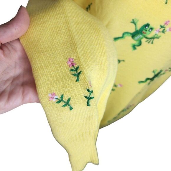 Vintage 80s Tree Frog Embroidered Sweater Womens Size L Yellow Novelty - Picture 3 of 7